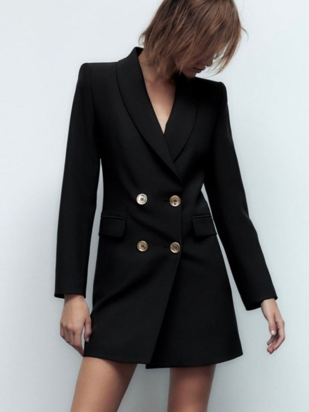 Zara Double Breasted Long Blazer Jacket Black Gold Buttons Small